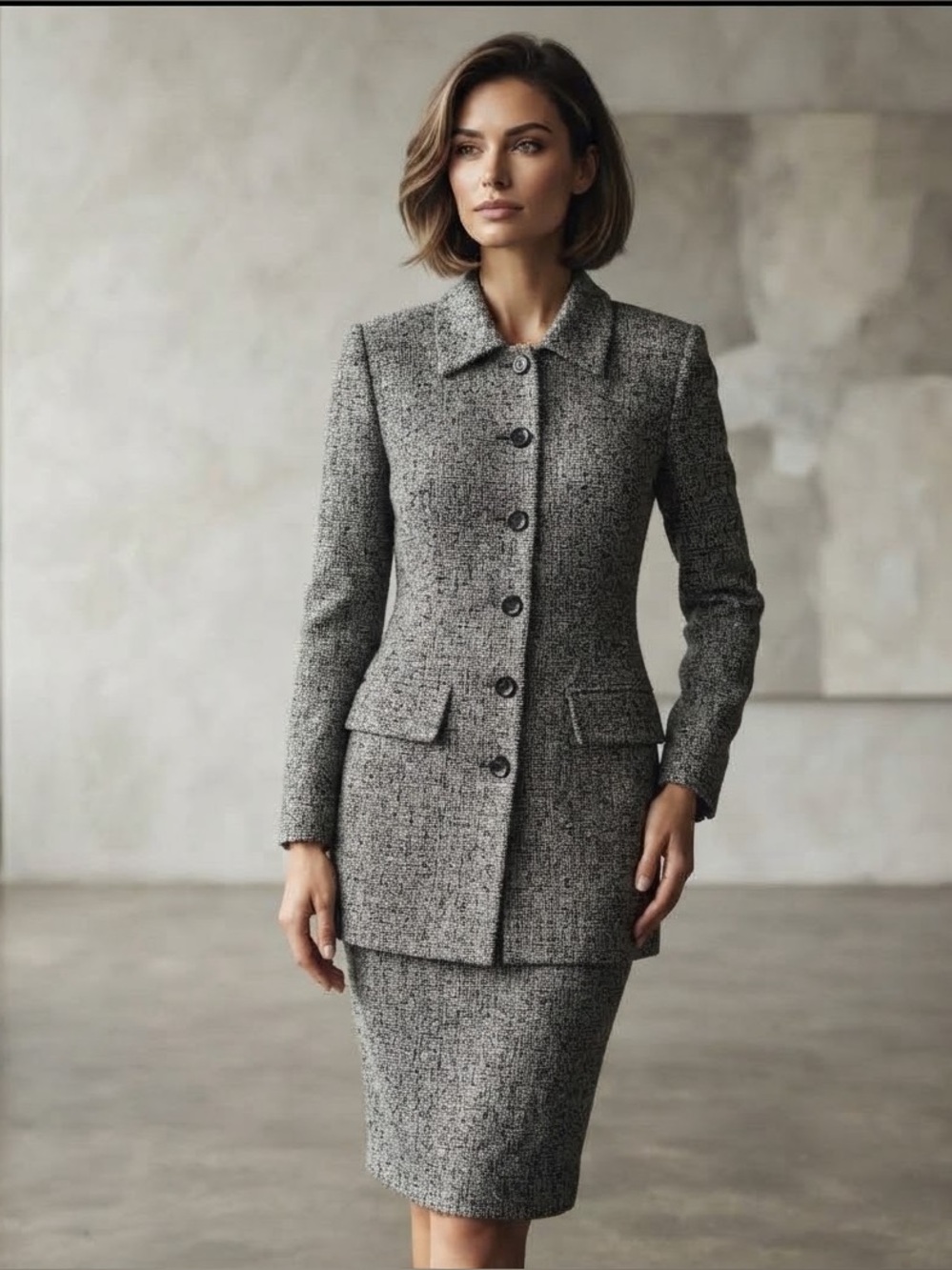 Women's Vintage Sonia Rykiel Paris 44 Black White Wool Blend Tweed Skirt Suit